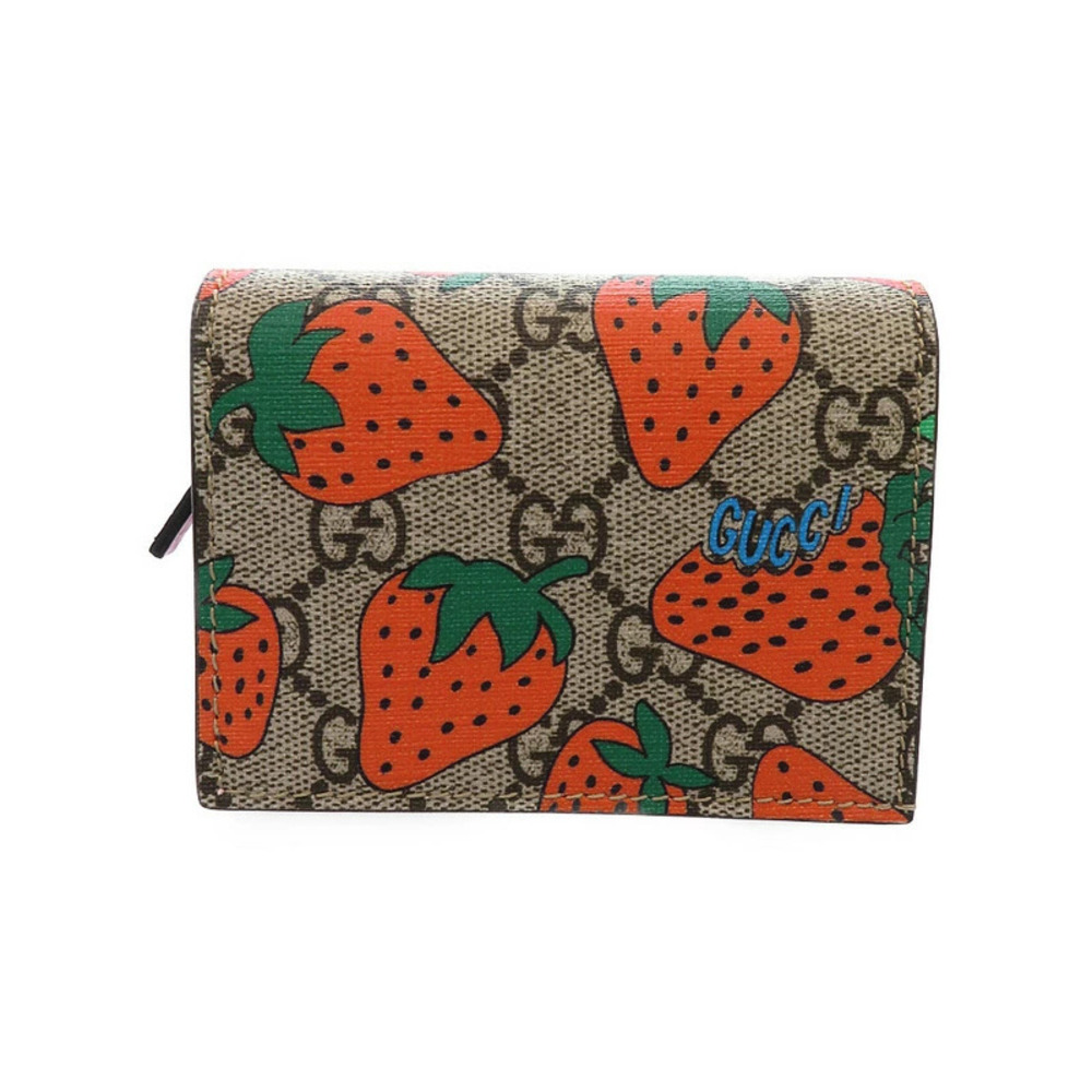 Gucci GG Supreme Straw Tanberry Card Bi fold Short Wallet